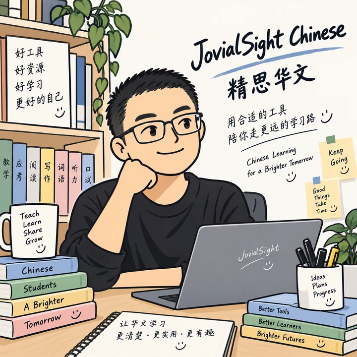 Illustrated portrait of the teacher behind JovialSight Chinese at his teaching desk