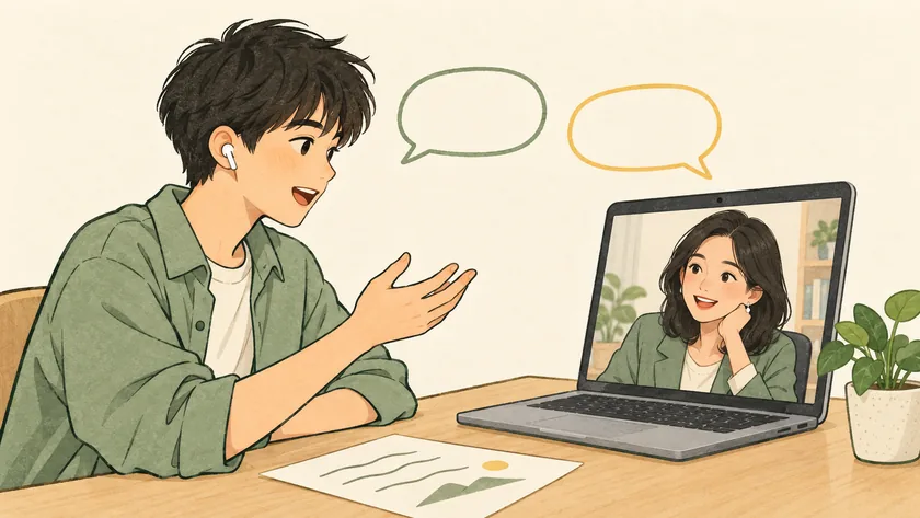 Illustration of a learner discussing with an online teacher on a laptop