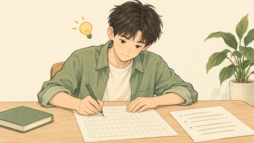 Illustration of a learner writing on a composition worksheet