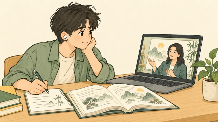 Illustration of a learner studying with books and an online teacher on a laptop