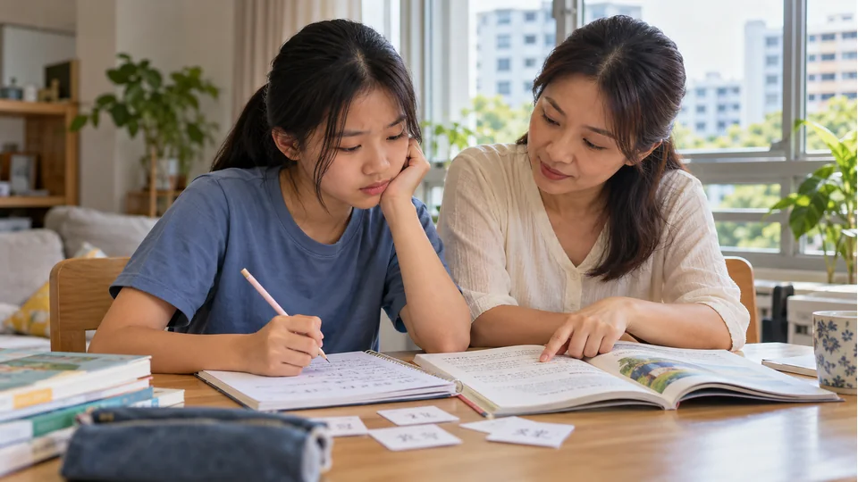 AI-generated illustrative scene: A girl recalls vocabulary while her mother gently points to a textbook in an HDB home. Not a real student case.
